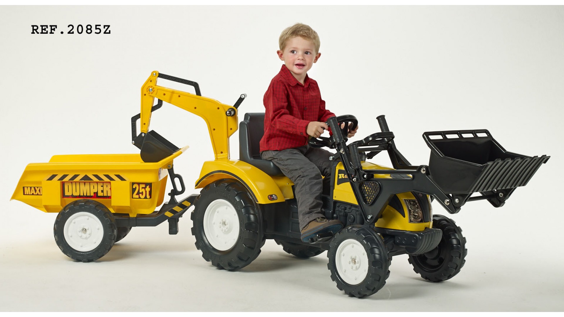 Трактор-экскаватор педальный с прицепом, желтый 219 см  